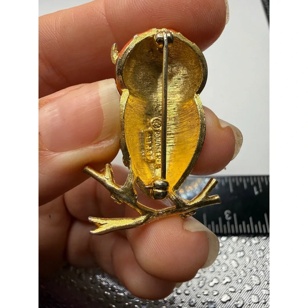 Vintage Marcel Boucher Owl Brooch‎ Orange Enamel Rhinestone Gold Tone 8865P Pin